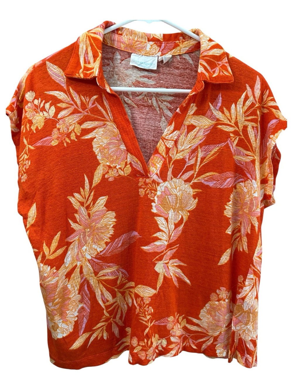 Cynthia Rowley Orange Floral V-Neck Short Sleeve Blouse 100% Linen Size L